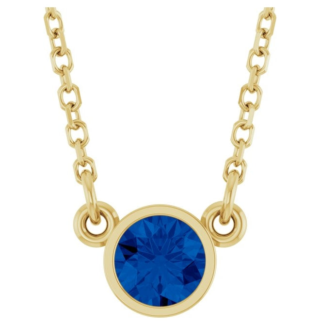 14K Yellow Gold Round 4 Mm 16 In Polished Lab-Grown Blue Sapphire Solitaire Necklace
