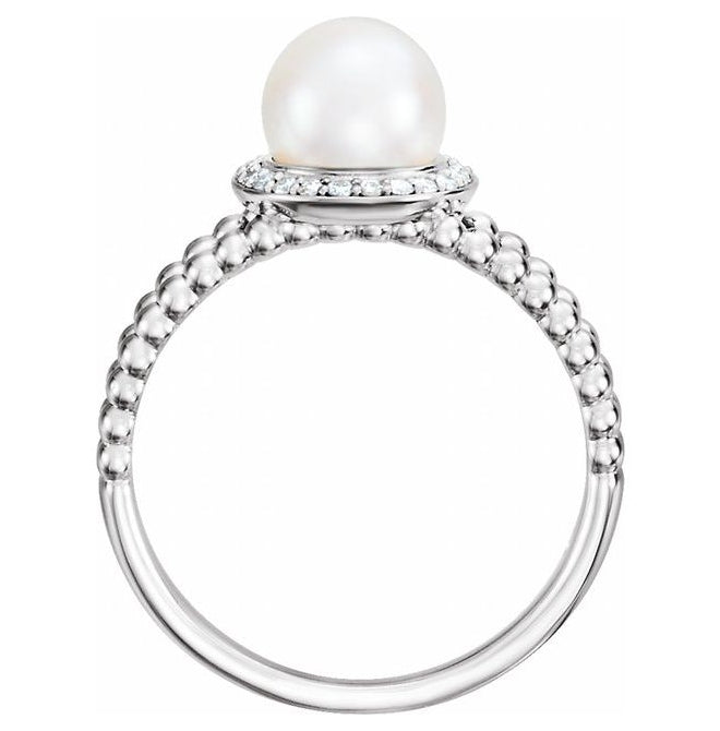 14K White Gold 7.0-7.5 Mm Polished Cultured White Freshwater Pearl And .08 Ctw Natural Diamond Beaded Ring Size 7