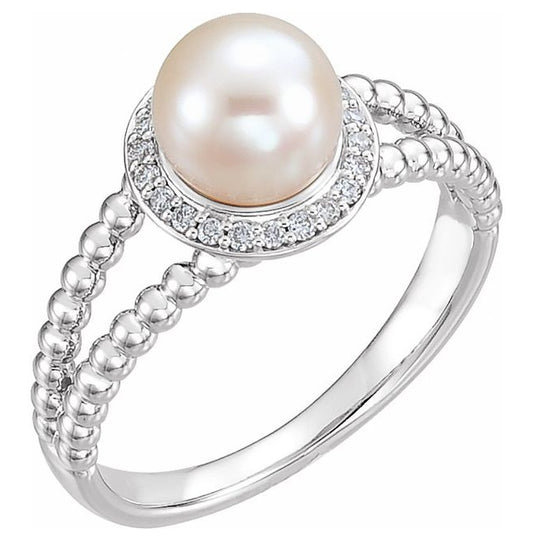 14K White Gold 7.0-7.5 Mm Polished Cultured White Freshwater Pearl And .08 Ctw Natural Diamond Beaded Ring Size 7