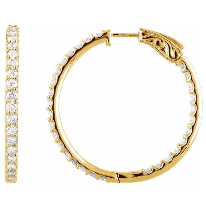 14K Yellow Gold Round 34.5 Mm 2.5 Mm 2.4Mm Vs, F+ Pair Hinged Polished 3 Ctw Lab-Grown Diamond Inside-Outside Hoop Earrings