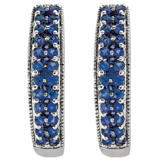 14K White Gold Natural Blue Sapphire 18.5 mm Hoop Earrings