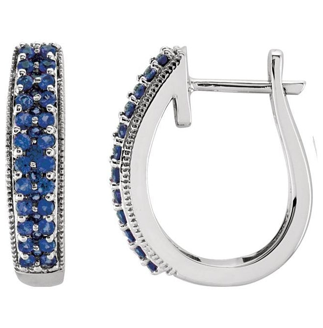 14K White Gold Natural Blue Sapphire 18.5 mm Hoop Earrings