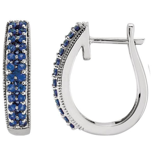 14K White Gold Natural Blue Sapphire 18.5 mm Hoop Earrings