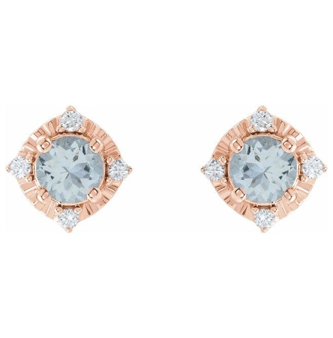 14K Rose Gold Natural Aquamarine & .08 CTW Natural Diamond Halo-Style Earrings