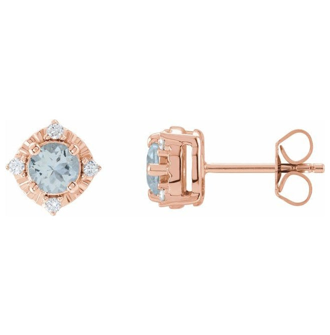 14K Rose Gold Natural Aquamarine & .08 CTW Natural Diamond Halo-Style Earrings