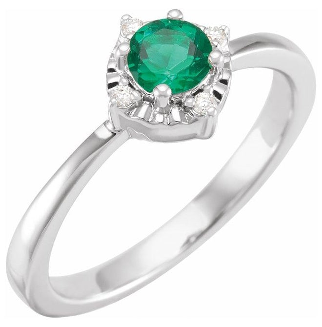 Sterling Silver Round 4.5 Mm I2, H+ Polished Lab-Grown Emerald And .04 Ctw Natural Diamond Ring Size 8