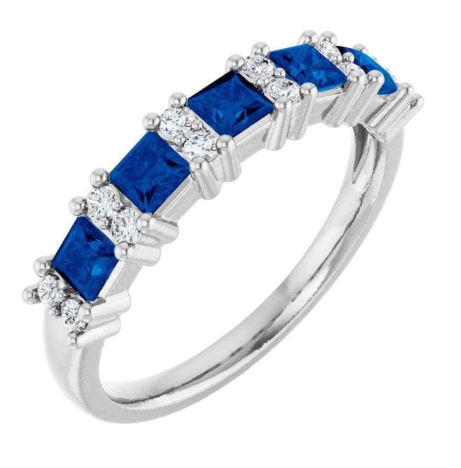 14K White Gold Square 3 X 3 Mm Polished Natural Blue Sapphire And 1/5 Ctw Natural Diamond Anniversary Band Size 7