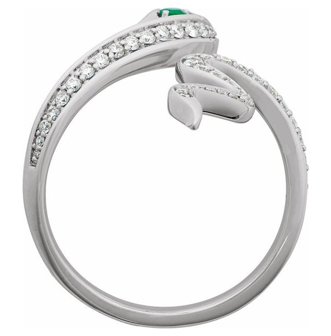 Platinum Round 2.5 Mm Polished Natural Emerald And 1/3 Ctw Natural Diamond Snake Ring Size 7
