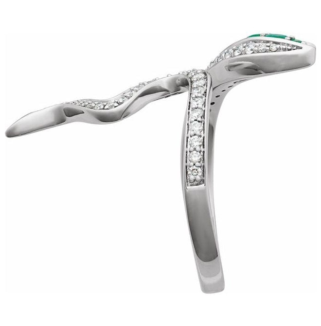 Platinum Round 2.5 Mm Polished Natural Emerald And 1/3 Ctw Natural Diamond Snake Ring Size 7