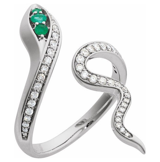 Platinum Round 2.5 Mm Polished Natural Emerald And 1/3 Ctw Natural Diamond Snake Ring Size 7
