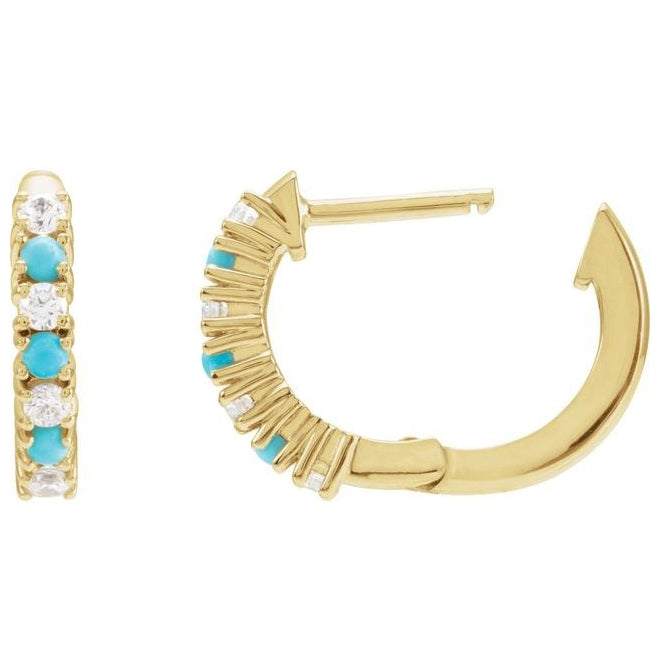 14K Yellow Gold Natural Turquoise & 1/6 CTW Natural Diamond Hoop Earring