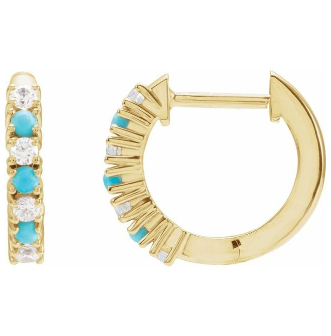 14K Yellow Gold Natural Turquoise & 1/6 CTW Natural Diamond Hoop Earring