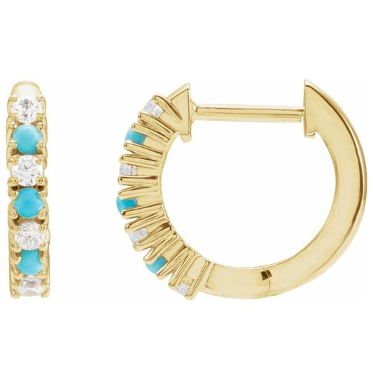 14K Yellow Gold Natural Turquoise & 1/6 CTW Natural Diamond Hoop Earring