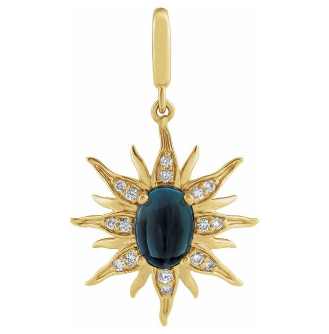 14K Yellow Gold Oval 7 X 5Mm I1, G-H Polished Natural London Blue Topaz Cabochon And 1/10 Ctw Natural Diamond Sun Charm/Pendant