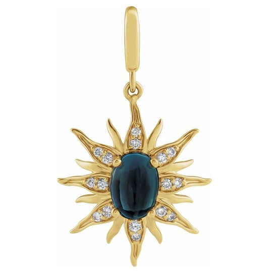 14K Yellow Gold Oval 7 X 5Mm I1, G-H Polished Natural London Blue Topaz Cabochon And 1/10 Ctw Natural Diamond Sun Charm/Pendant