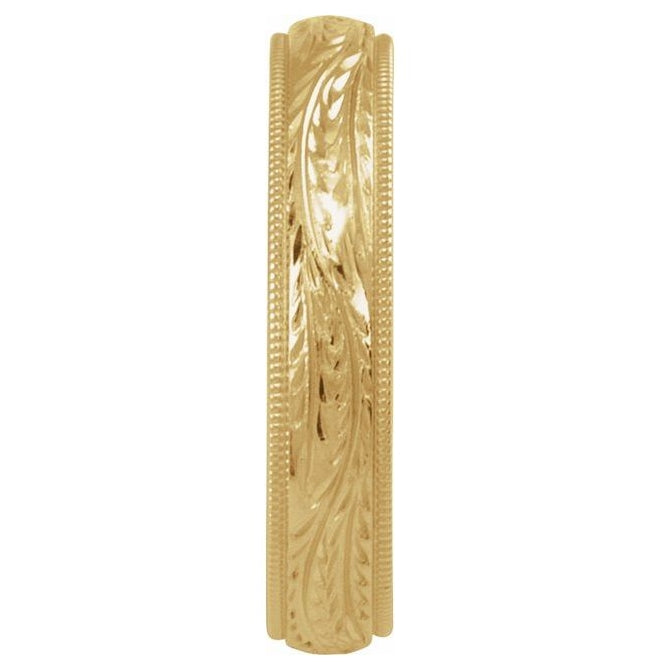 14K Yellow Gold Polished Hand Engraved Wedding Band