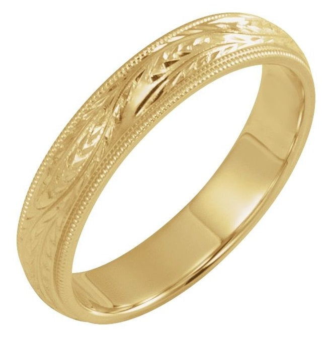 14K Yellow Gold Polished Hand Engraved Wedding Band