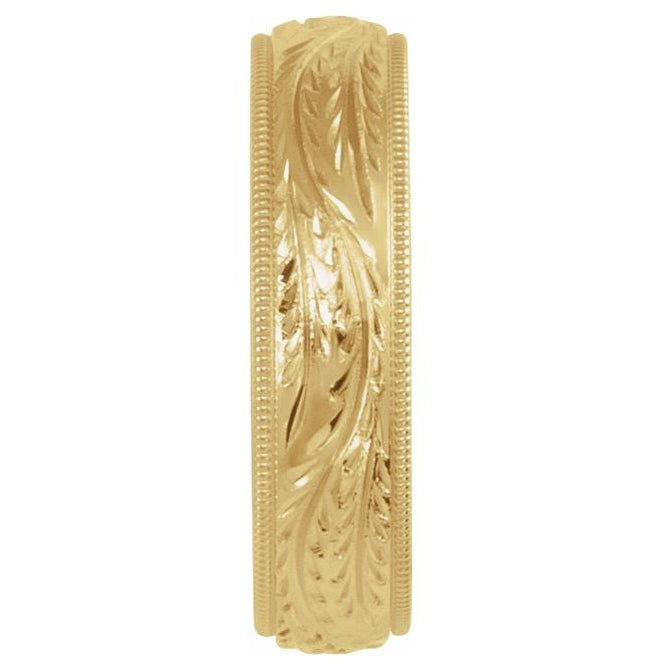 14K Yellow Gold Polished Hand Engraved Wedding Band
