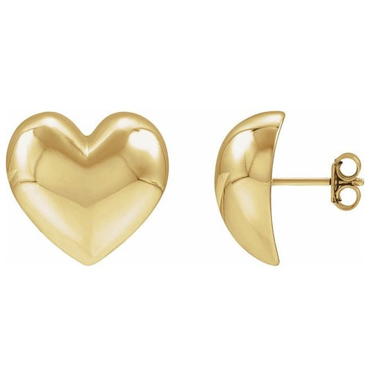 14K Yellow Gold Electroform Puffed Heart Stud Earrings