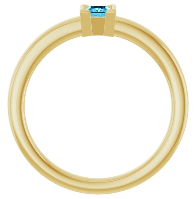 14K Yellow Gold Square 3 X 3 Mm Polished Natural Aquamarine Family Stackable Ring Size 7