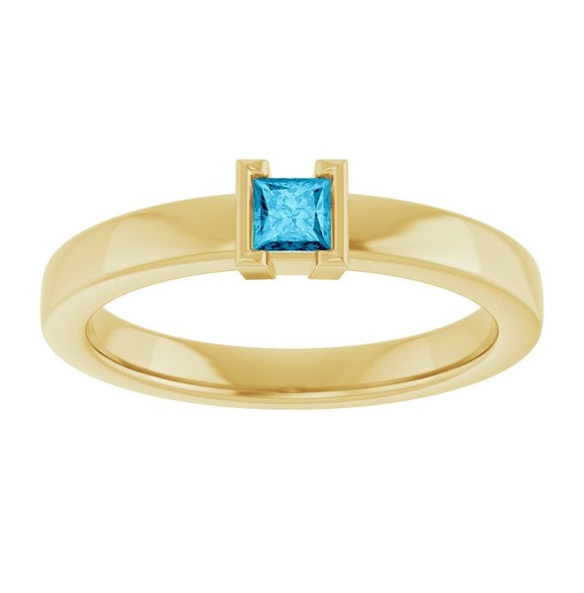 14K Yellow Gold Square 3 X 3 Mm Polished Natural Aquamarine Family Stackable Ring Size 7