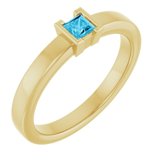 14K Yellow Gold Square 3 X 3 Mm Polished Natural Aquamarine Family Stackable Ring Size 7