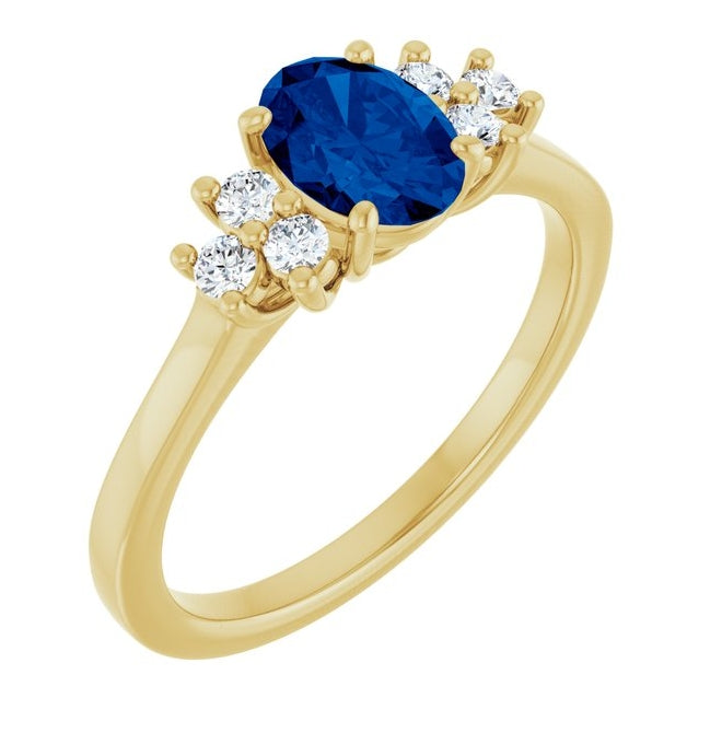 14K Yellow Gold Oval 7 X 5 Mm Polished Natural Blue Sapphire And 1/5 Ctw Natural Diamond Ring Size 7