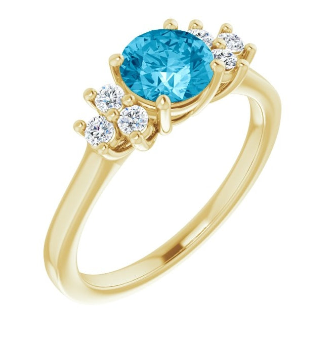 14K Yellow Gold Round 6 Mm Polished Natural Aquamarine  And 1/6 Ctw Lab-Grown Diamond Ring Size 7