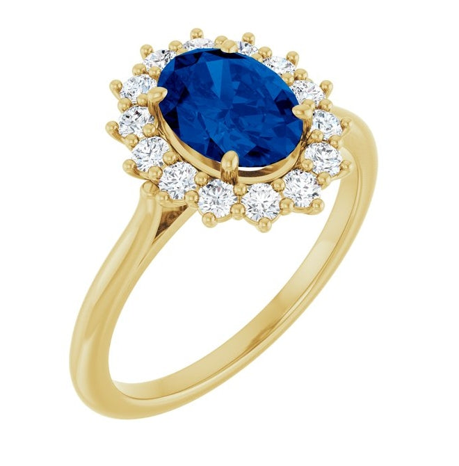 14K Yellow Gold  Oval 8 X 6 Mm Polished Lab-Grown Blue Sapphire And 3/8 Ctw Natural Diamond Halo-Style Ring Size 7