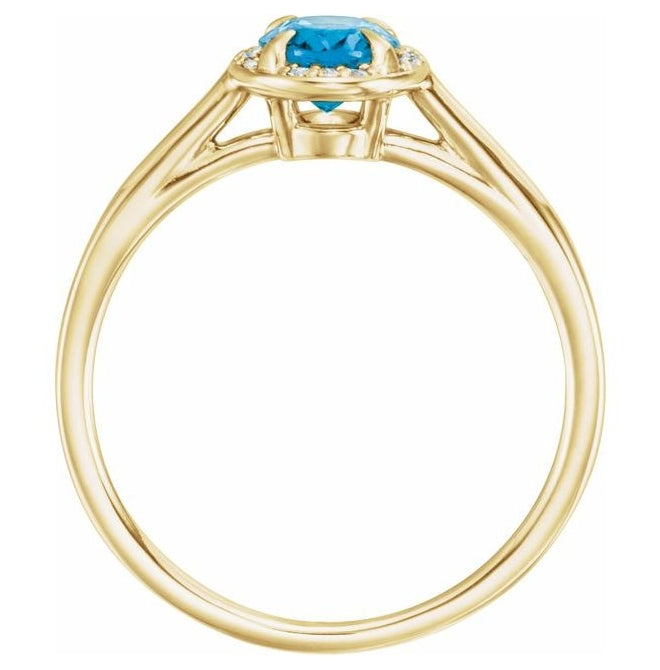 14K Yellow Gold Oval 7 X 5 Mm Polished Natural Swiss Blue Topaz And .03 Ctw Natural Diamond Ring Size 7