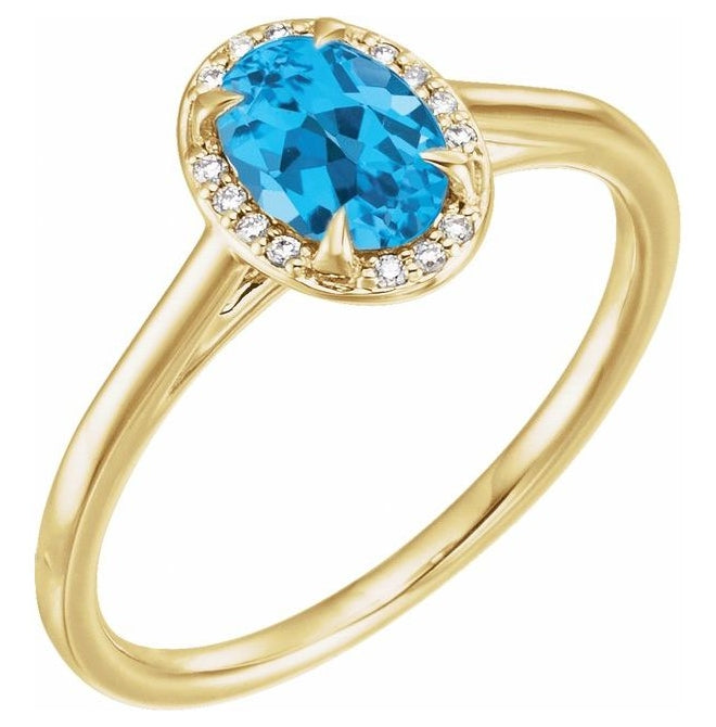14K Yellow Gold Oval 7 X 5 Mm Polished Natural Swiss Blue Topaz And .03 Ctw Natural Diamond Ring Size 7
