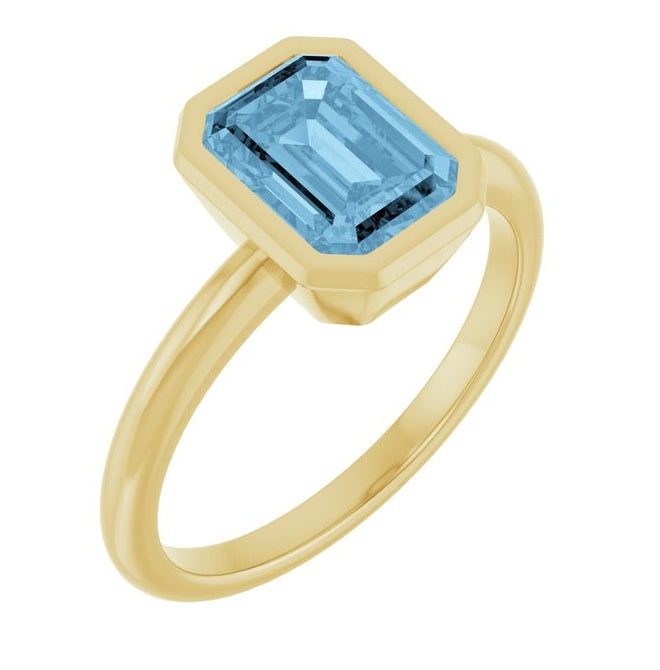 14K Yellow Gold Emerald 8 X 6 Mm Polished Natural Gem Solitaire Bezel-Set Ring Size 7