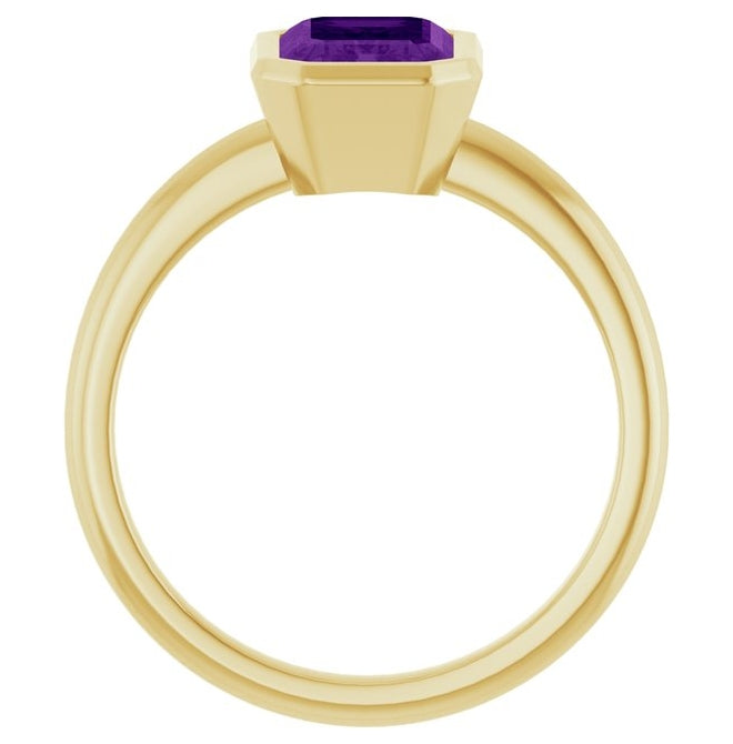 14K Yellow Gold Emerald 8 X 6 Mm Polished Natural Gem Solitaire Bezel-Set Ring Size 7