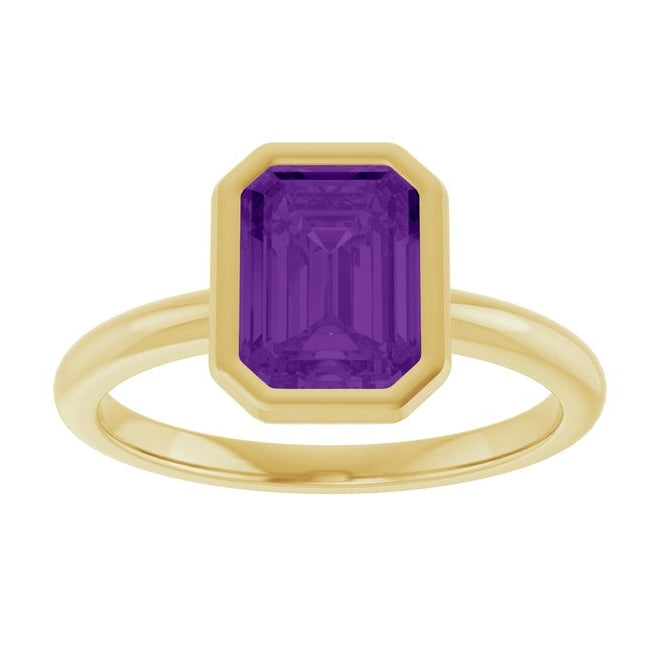 14K Yellow Gold Emerald 8 X 6 Mm Polished Natural Gem Solitaire Bezel-Set Ring Size 7