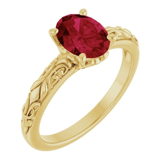 14K Yellow Gold Oval 8 X 6 Mm Polished Lab-Grown Ruby Ring Size 7
