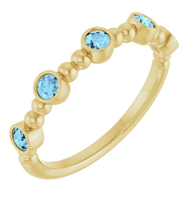 14K Yellow Gold Round 2.5 Mm Polished Natural Aquamarine Stackable Beaded Ring Size 7