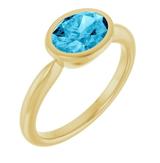 14K Yellow Gold Oval 8 X 6 Mm Polished Natural Aquamarine Solitaire Ring Size 7