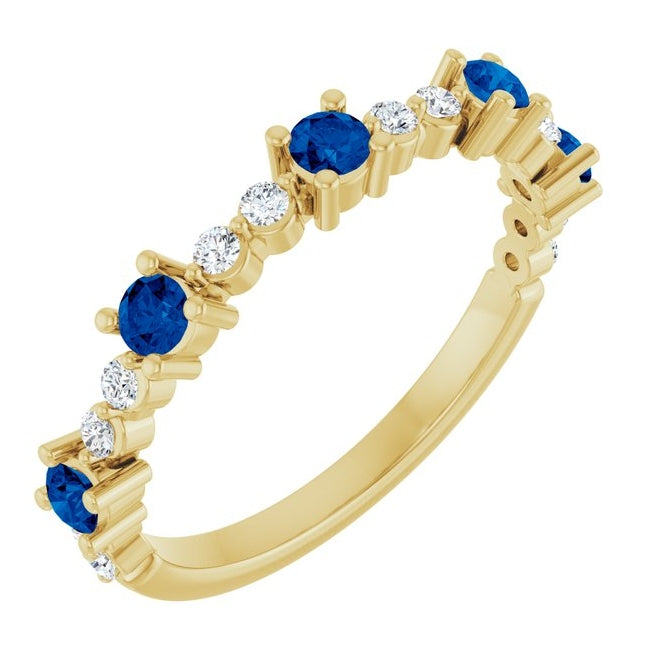 14K Yellow Gold Round 2.5 Mm Polished Lab-Grown Blue Sapphire And 1/6 Ctw Natural Diamond Stackable Ring Size 7