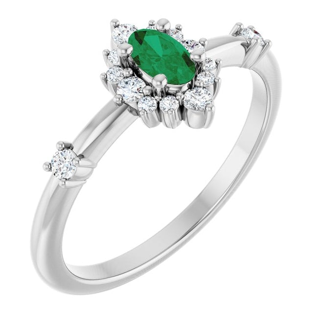 14K White Gold Oval 5 X 3 Mm Polished Natural Emerald And 1/6 Ctw Natural Diamond Halo-Style Ring Size 7