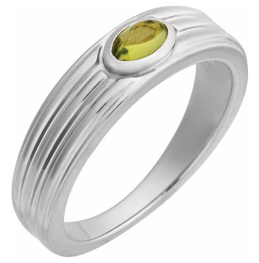 Sterling Silver Oval 5 X 3 Mm Polished Natural Peridot Cabachon Solitaire Ring Size 7