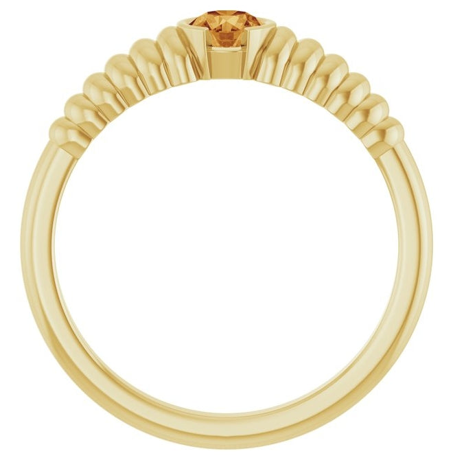 14K Yellow Gold Round 4 Mm Polished Natural Citrine Solitaire Ribbed Ring Size 7