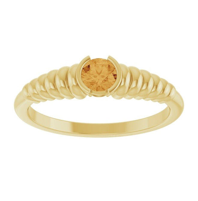 14K Yellow Gold Round 4 Mm Polished Natural Citrine Solitaire Ribbed Ring Size 7