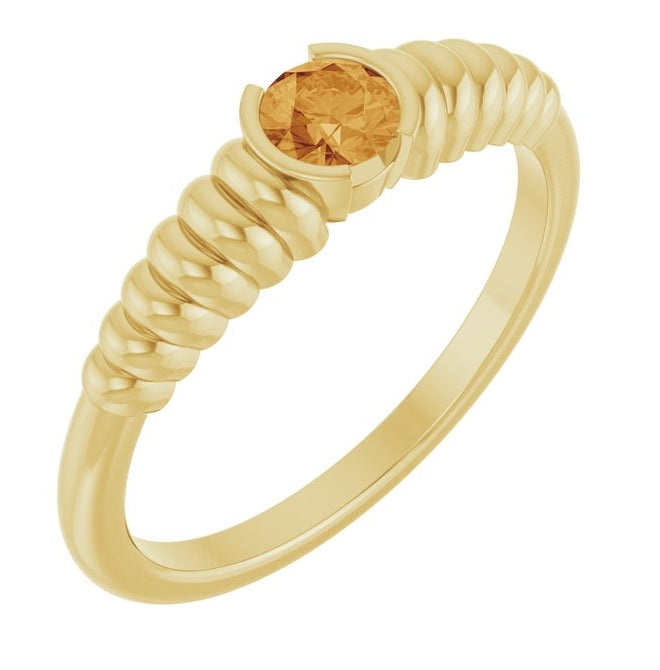 14K Yellow Gold Round 4 Mm Polished Natural Citrine Solitaire Ribbed Ring Size 7