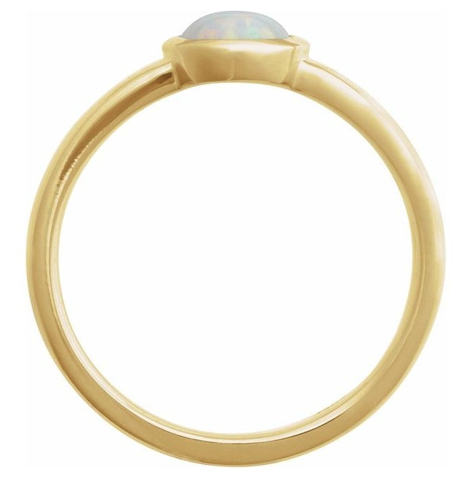 14K Yellow Gold Oval 8 X 6 Mm Polished Lab-Grown White Opal Bezel Set Cabochon Ring Size 7