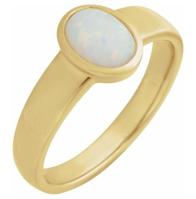 14K Yellow Gold Oval 8 X 6 Mm Polished Lab-Grown White Opal Bezel Set Cabochon Ring Size 7