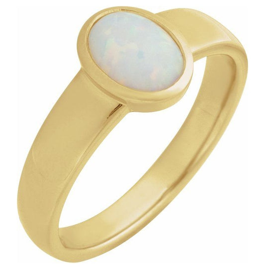 14K Yellow Gold Oval 8 X 6 Mm Polished Lab-Grown White Opal Bezel Set Cabochon Ring Size 7