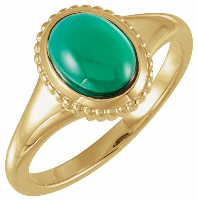 14K Yellow Gold Oval 9 X 7 Mm Polished Lab-Grown Emerald Solitaire Cabochon Ring Size 7
