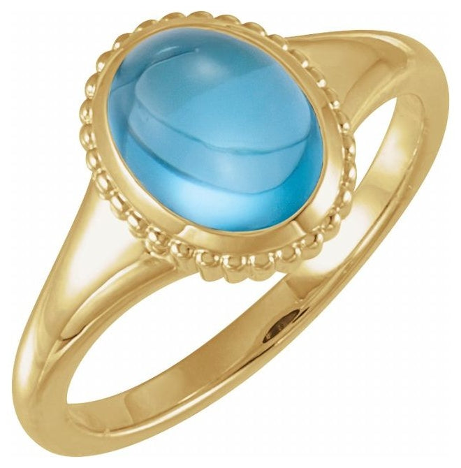 14K Yellow Gold Oval 9 X 7 Mm Polished Natural Gem Solitaire Cabochon Ring