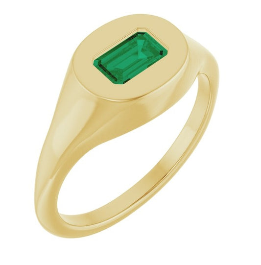 14K Yellow Gold Emerald 6 X 4 Mm Polished Lab-Grown Emerald Solitaire Signet Ring Size 7