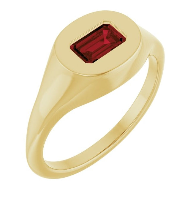 14K Yellow Gold Emerald 6 X 4 Mm Polished Natural Mozambique Garnet Solitaire Signet Ring Size 7